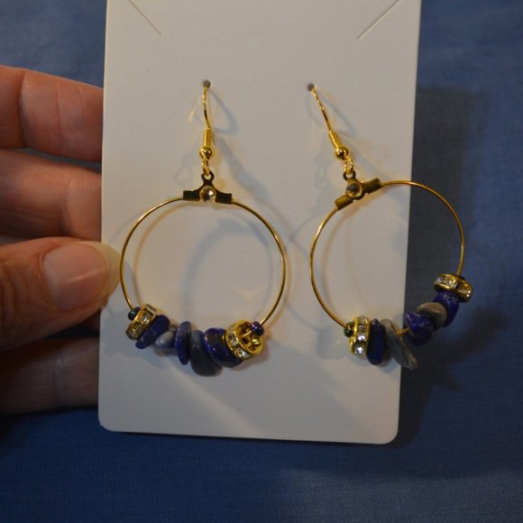 Handmade Natural Gem Stones Beads Plated Gold Hanging Earrings (2.5") - Picture 2 of 4